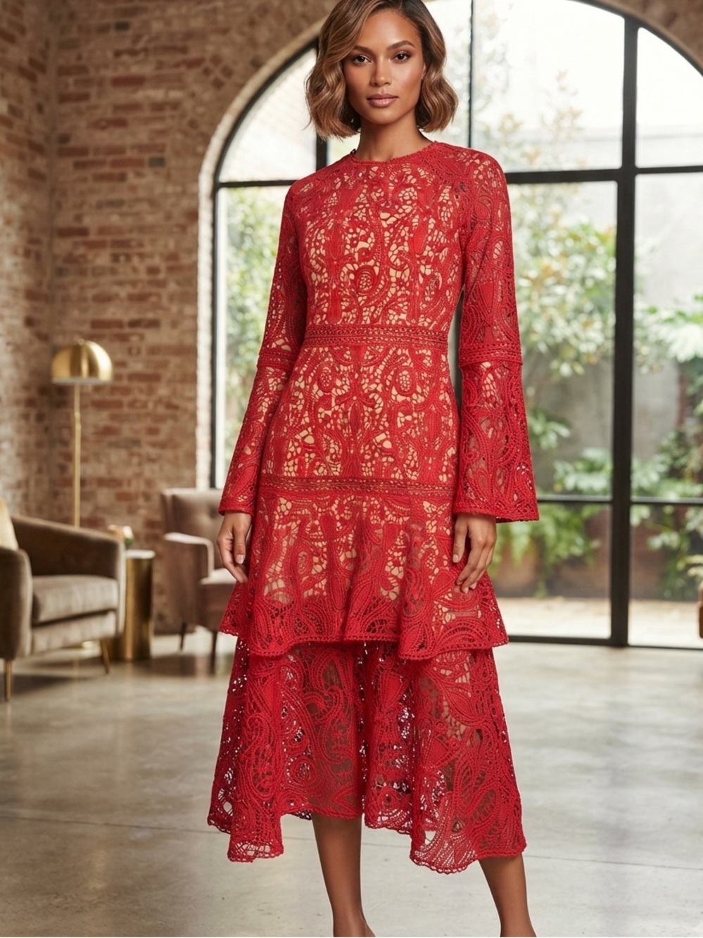 New FOREVER UNIQUE "Millie" Red Lace Tiered Midi Dress Size 6